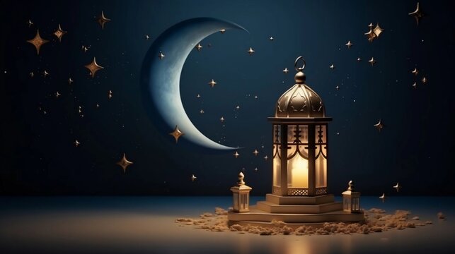 Premium Eid greeting card illustration with luxurious design. Eid Mubarak background with stars and moon. Islamic lamp design with Eid design