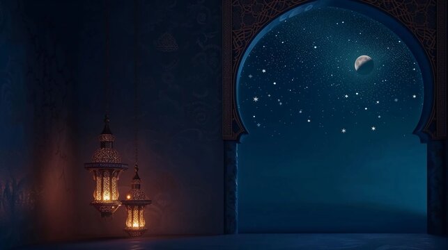 Premium Eid greeting card illustration with luxurious design. Eid Mubarak background with stars and moon. Islamic lamp design with Eid design