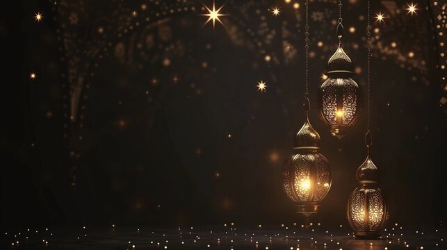 Premium Eid greeting card illustration with luxurious design. Eid Mubarak background with stars and moon. Islamic lamp design with Eid design