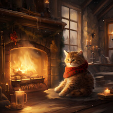 A Cozy Winter Scene With A Cat By The Fireplace.