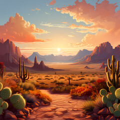 Canvas Print - A desert landscape with cactus and mountains. 