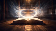 © mfz - Old magic book on wooden table with light rays coming out form the inside. Generative AI.
