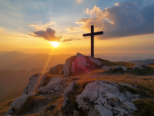 croce cristiana sulla cima della montagna , paesaggio mozzafiato all'alba, concetto di salvezza e risurrezione