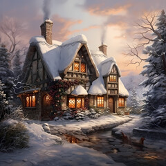 Poster - A snowy winter scene with a charming cottage.