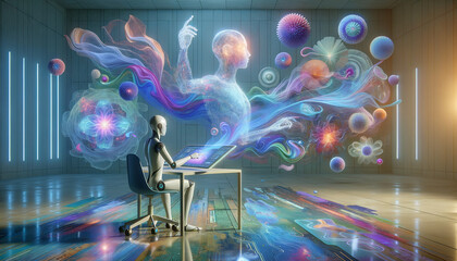 Wall Mural - Seamless fusion of AI and human creativity in futuristic graphic design studio