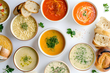 Wall Mural - design for ad, restaurant, french hot soup in a bowl. hot European soup with pumpkin, carrot and onion, cheese. Plate with cream, parsley and dill. View from above, Modern kitchen. Cuisine.