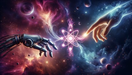 Aufkleber - a robotic hand on the left and a human hand on the right, both reaching towards each other