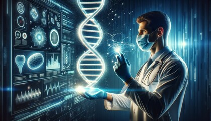 a healthcare professional wearing a mask and gloves, examining a glowing, holographic DNA helix with a futuristic background