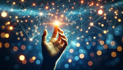 Poster - a human hand reaching out towards a complex network of glowing points and interconnected lines, symbolizing a digital network