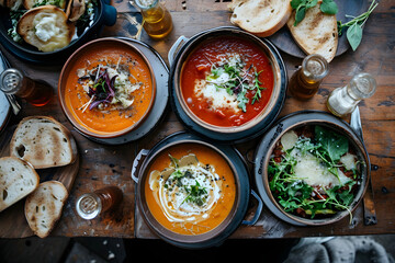 Wall Mural - design for ad, restaurant, french hot soup in a bowl. hot European soup with pumpkin, carrot and onion, cheese. Plate with cream, parsley and dill. View from above, Modern kitchen. Cuisine.