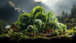 A picturesque composition with an oversized cabbage and various vegetables dominating the foreground, with a miniature house and alpine background, creating a fantasy-like rural scene.AI generated.