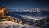 Fototapeta Miasto - Zimowa idylla w górskim schronisku z widokiem na rozświetlone miasto