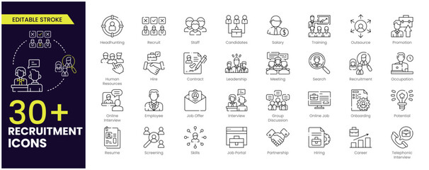  Recruitment Stroke icon set. Headhunting, career, resume, job hiring, candidate and human resource icons. Editable Outline icon collection.