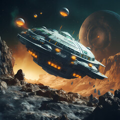 Canvas Print - Retro spaceship navigating an asteroid field