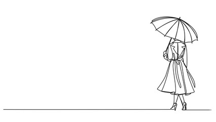 Wall Mural - animated continuous single line drawing of woman wearing summer coat holding an umbrella, line art animation