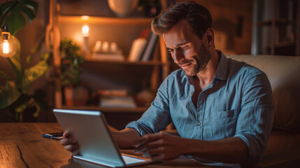 Canvas Print - man smiling and engaging with a tablet