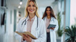 © Studio Nova - smiling female healthcare professional in the foreground holding a clipboard with a stethoscope around her neck