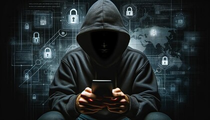 Poster - a person in a dark hooded sweatshirt holds a cell phone against a digital background showing cyber security and hacking