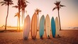 Surfboards on the beach with palm trees at sunset. Vintage filter. Surfboards on the beach. Vacation Concept with Copy Space.