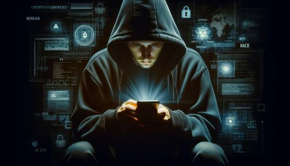 Poster - a person in a dark hooded sweatshirt holds a cell phone against a digital background showing cyber security and hacking