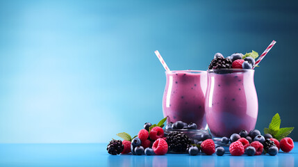 Two glass of Blueberry smoothie with berry placed on sky blue background, Drinks copy space, Proper nutrition smoothie freshes splash blended blueberry smoothies ecological food healthy,AI generated