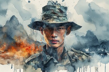 Thai soldier portrait Illustration close up. Modern soldier of Thailand watercolor colors Illustration