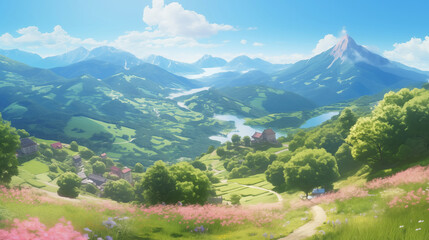 Wall Mural - wonderful peaceful alps landscape, anime artwork