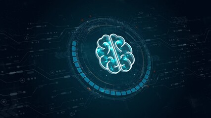 Poster - Motion graphic of Blue digital robot brain logo and circle futuristic HUD elements with flowing arrows with Ai chatbot and machine learning technology and ai assistance concepts on abstract background