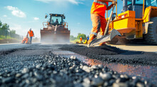 Road Construction Workers' Teamwork, Tarmac Laying Works At A Road Construction Site, Hot Asphalt Gravel Leveled By Workers, And Road Surface Repair..