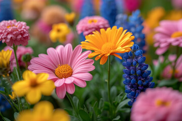 Poster - A close-up of a blooming flower garden filled with an assortment of radiant hues, creating a floral symphony of color. Concept of a lively botanical oasis. Generative Ai.