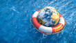 Erde mit Wolken und Hurrikan in einem roten Rettungsring treibt in welligem Meer - Earth Rescue