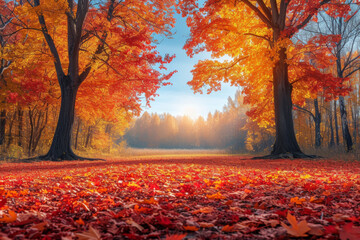 Poster - a radiant autumn landscape with trees adorned in warm red, orange, and yellow foliage, creating a pi
