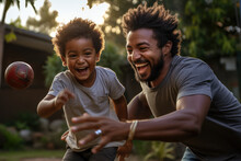A Father And Son Engage In A Spirited Game Of Catch In The Backyard, Their Laughter And The Simplicity Of The Game Highlighting The Joy Of Familial Bonds.  Generative Ai.