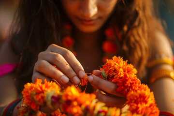 Wall Mural - Inadian woman doing garland with orange flowers. Indian holiday concept.