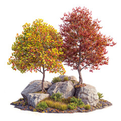 Wall Mural - autumn tree on big rock stone png transparent background