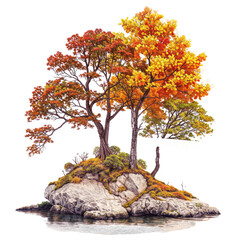 Wall Mural - autumn tree on big rock stone PNG transparent background