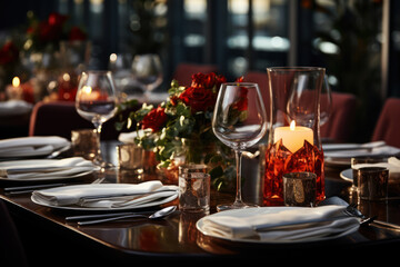 Poster - An impeccably arranged table setting at a fine dining restaurant embodies the concept of visual harmony and culinary precision. Generative Ai.