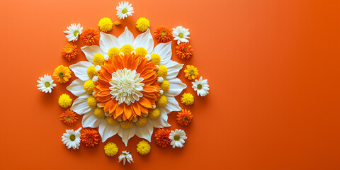 Wall Mural - Rangoli made of orange flowers on the orange background. Festive Gudi Padwa banner. Top view. Ugadi festival in India. Marathi new year concept.