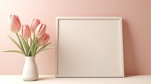 An Empty Photo Frame Adorned With Pink Tulips, Offering A Picturesque Setting With Ample Copy Space For Text.