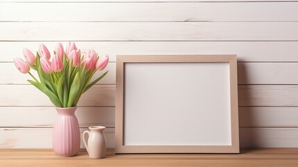 Sticker - The elegance of pink tulips complementing an empty photo frame, providing an enchanting backdrop for text or designs.