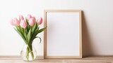 Fototapeta  - The elegance of pink tulips complementing an empty photo frame, providing an enchanting backdrop for text or designs.