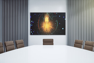 Poster - Creative light bulb hologram and chip on presentation tv screen in a modern meeting room, idea and brainstorming concept. 3D Rendering