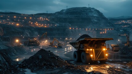 Poster - mining engineer  standing and excavator and truck parking on top with mining industry background