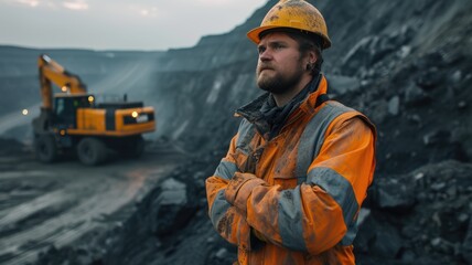 Poster - mining engineer  standing and excavator and truck parking on top with mining industry background