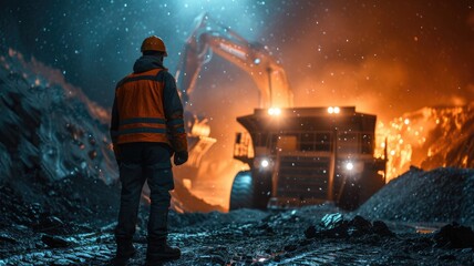 Poster - mining engineer  standing and excavator and truck parking on top with mining industry background