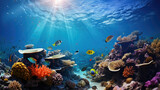Fototapeta Do akwarium - Tropical underwater seascape with diverse fish and coral reef used in education and tourism