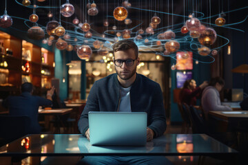 Poster - a young entrepreneur typing on a laptop surrounded by digital icons against a tech-inspired backgrou