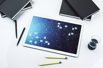 Poster - Creative abstract medical hologram on modern digital tablet display, online medical consulting concept. Top view. 3D Rendering