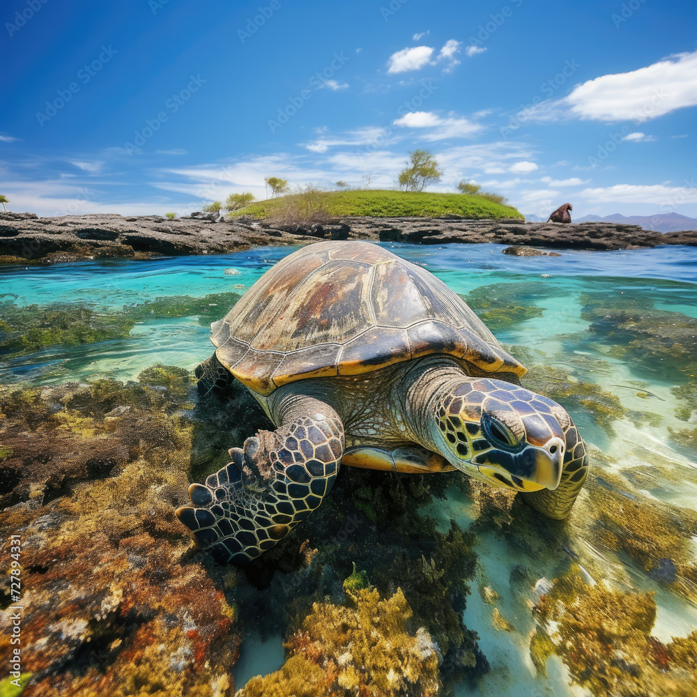 Sea turtle swimming near coral reef in a clear ocean promoting wildlife ...