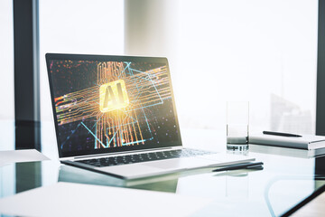 Poster - Modern computer monitor with creative artificial Intelligence icon. Neural networks and machine learning concept. 3D Rendering